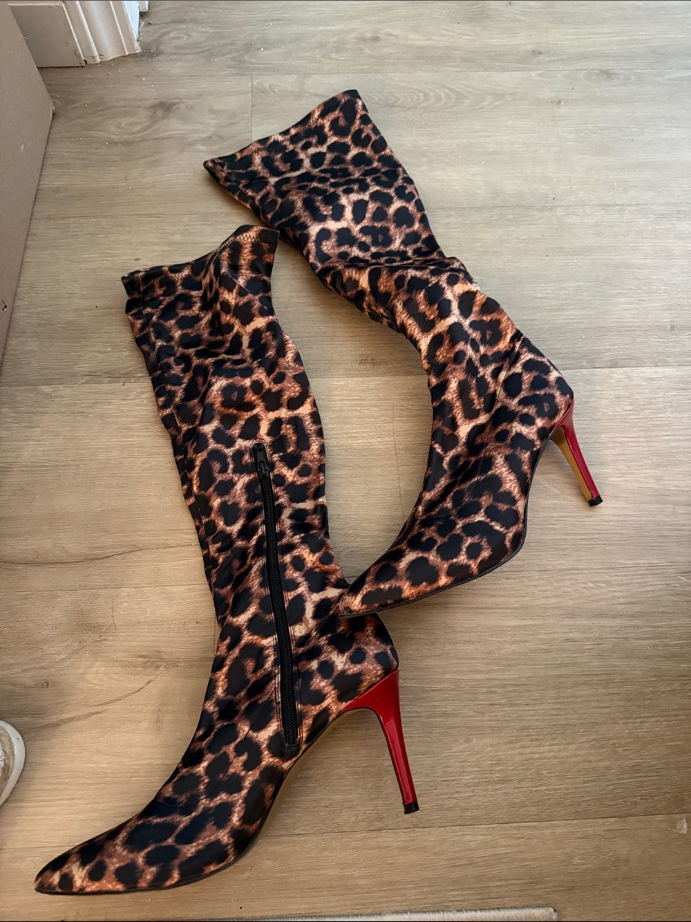 Betsey Johnson Leopard Over-the-Knee Stiletto Boots with Red Heels